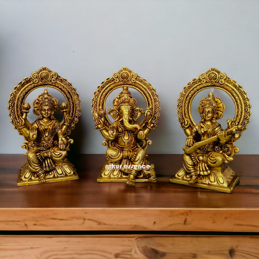 Ganesha Lakshmi Saraswati Sitting on Singhasan pital brass idol - 9.5 inch Nikuressence