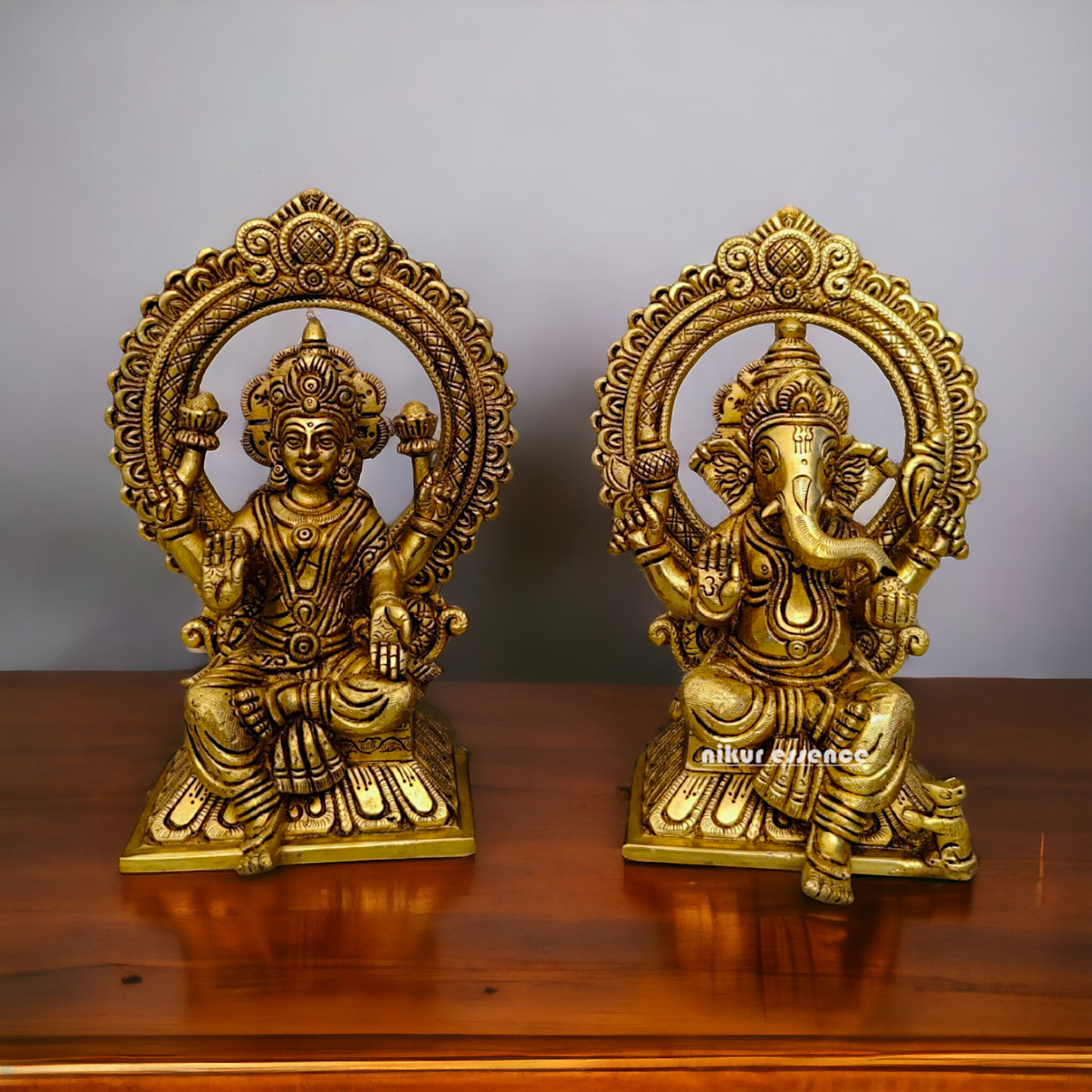 Ganesha Lakshmi Saraswati Sitting on Singhasan pital brass idol - 9.5 inch Nikuressence