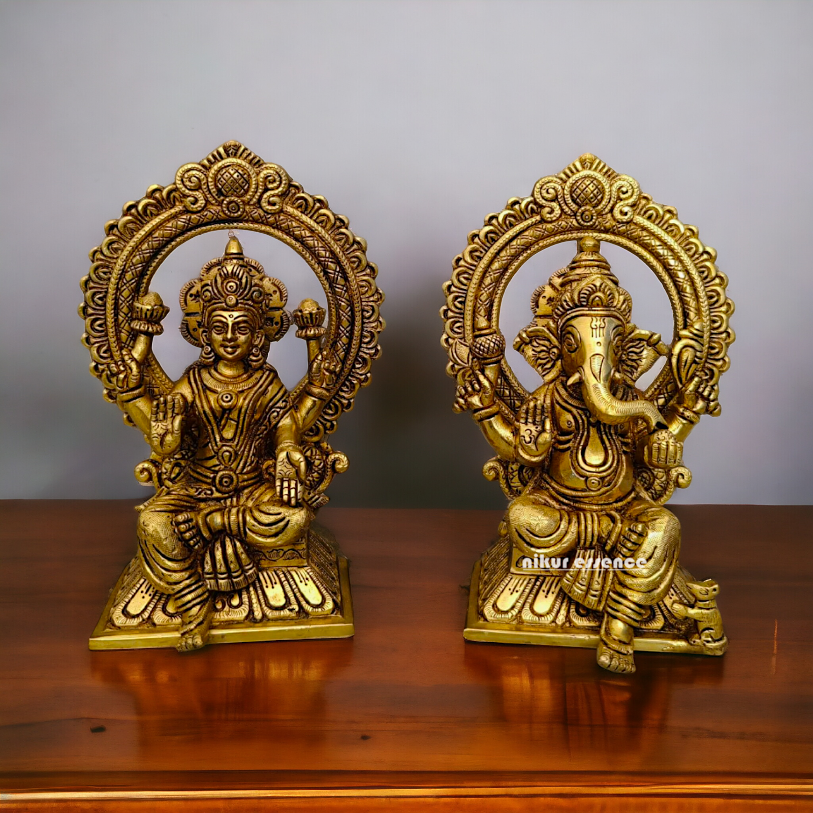 Ganesha Lakshmi Saraswati Sitting on Singhasan pital brass idol - 9.5 inch Nikuressence