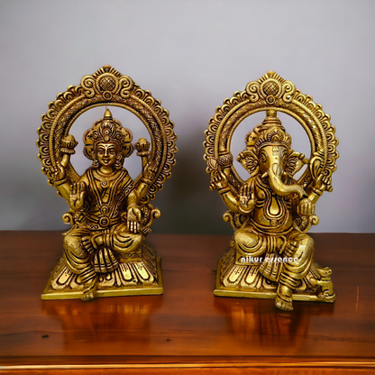 Ganesha Lakshmi Saraswati Sitting on Singhasan pital brass idol - 9.5 inch Nikuressence
