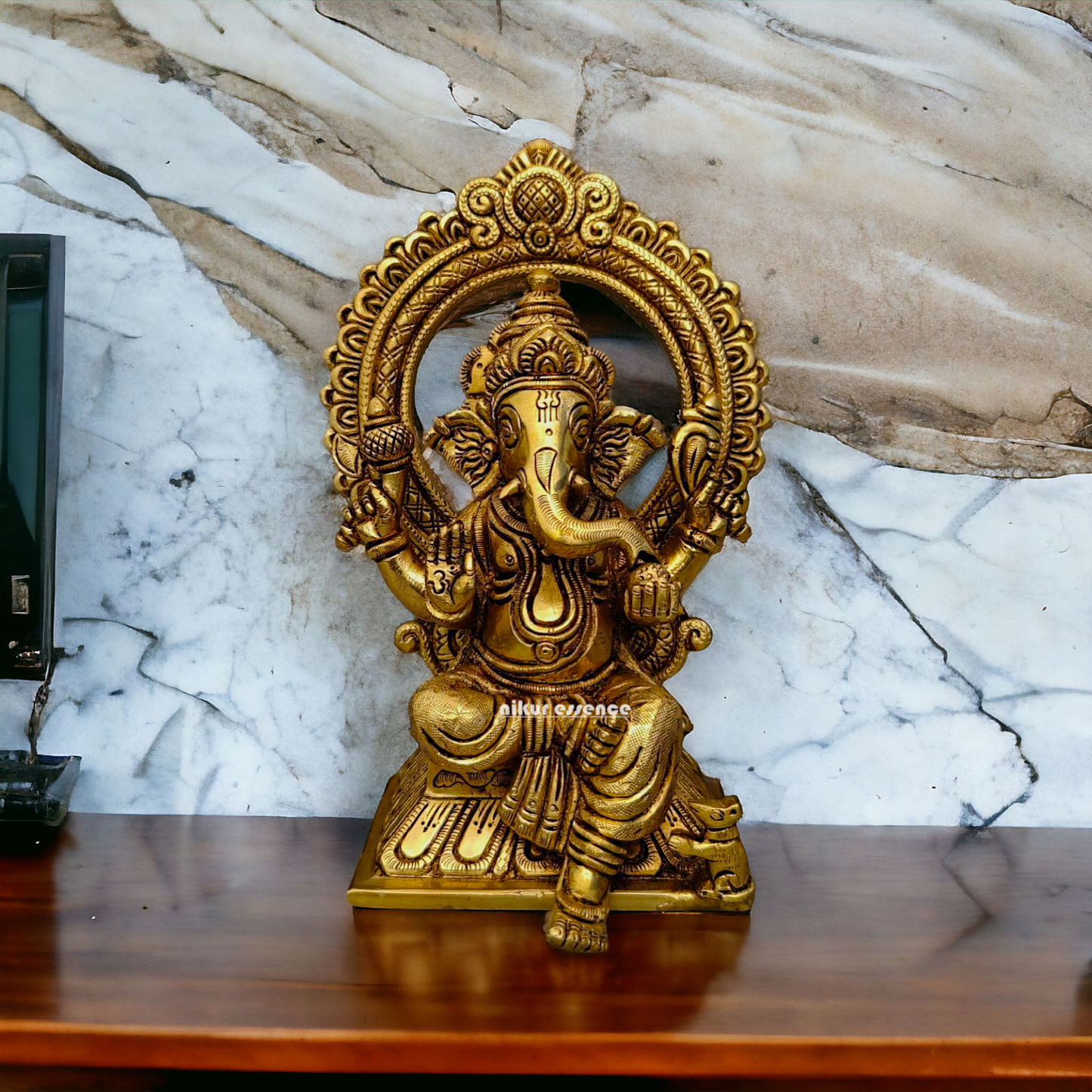 Ganesha Lakshmi Saraswati Sitting on Singhasan pital brass idol - 9.5 inch Nikuressence