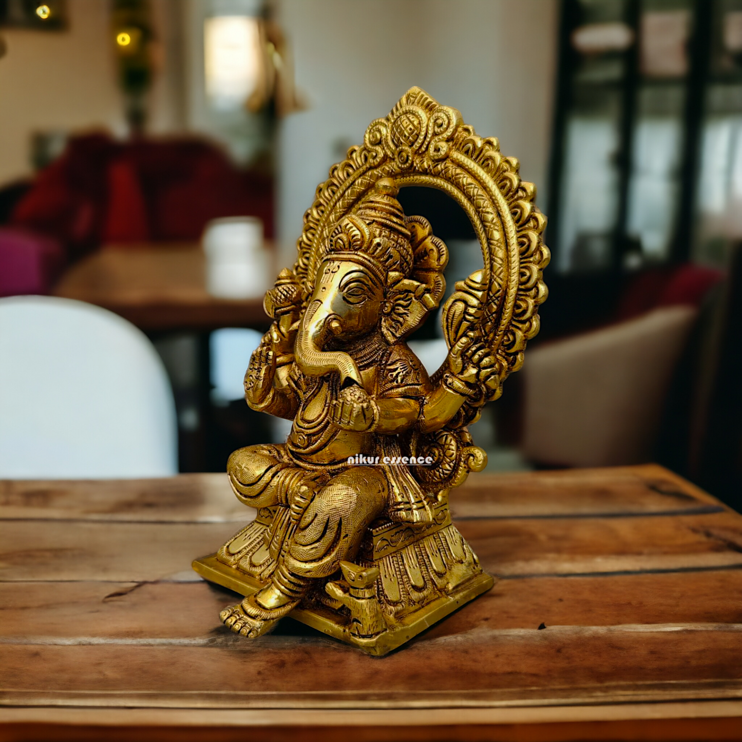 Ganesha Lakshmi Saraswati Sitting on Singhasan pital brass idol - 9.5 inch Nikuressence