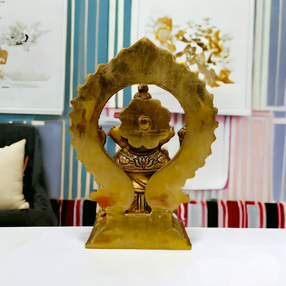 Ganesha Lakshmi Saraswati Sitting on Singhasan pital brass idol - 9.5 inch Nikuressence