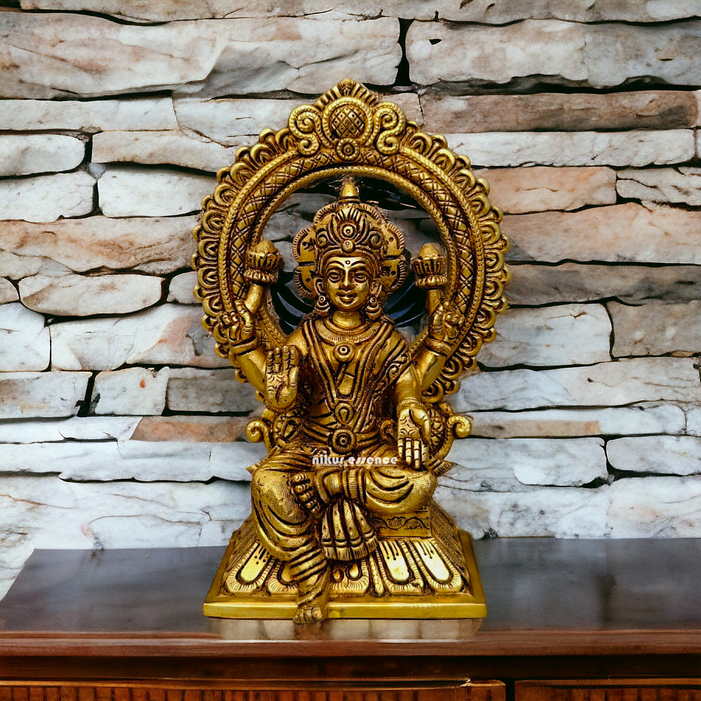 Ganesha Lakshmi Saraswati Sitting on Singhasan pital brass idol - 9.5 inch Nikuressence