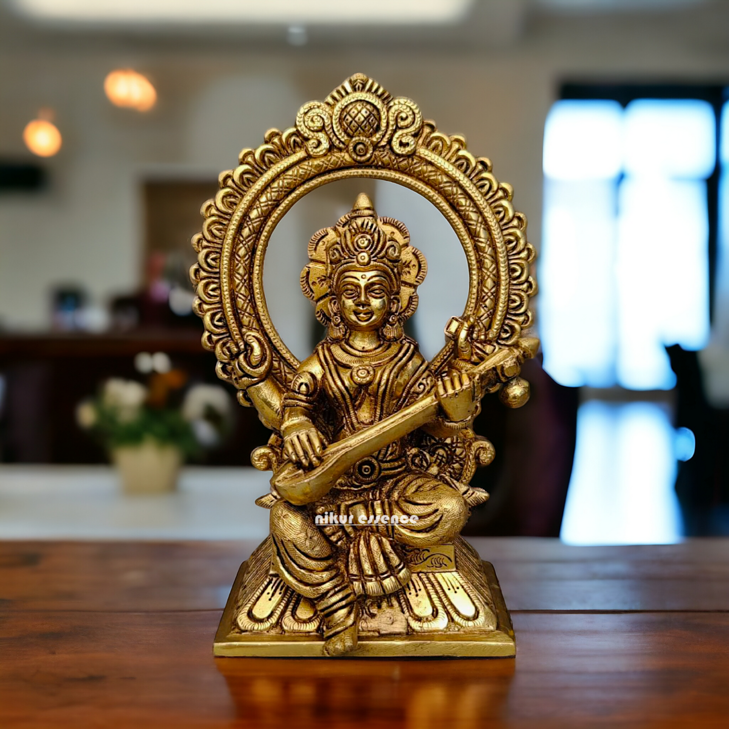 Ganesha Lakshmi Saraswati Sitting on Singhasan pital brass idol - 9.5 inch Nikuressence
