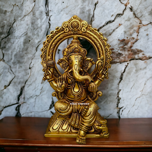 Ganpati Vinayaka Sitting on Singhasan Brass idol - 6.5 inch Nikuressence