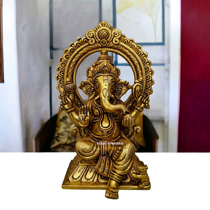 Ganpati Vinayaka Sitting on Singhasan Brass idol - 6.5 inch Nikuressence