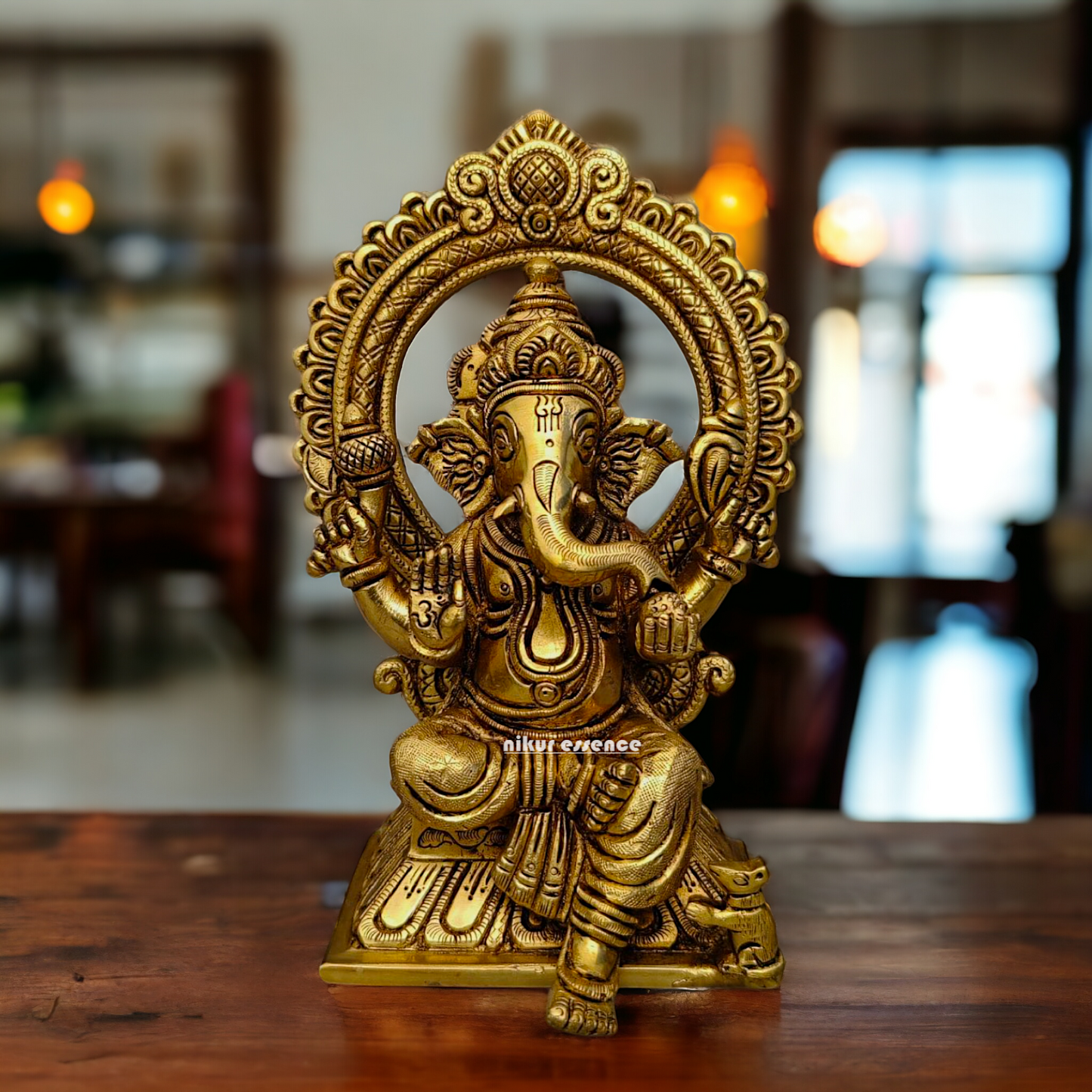 Ganpati Vinayaka Sitting on Singhasan Brass idol - 6.5 inch Nikuressence