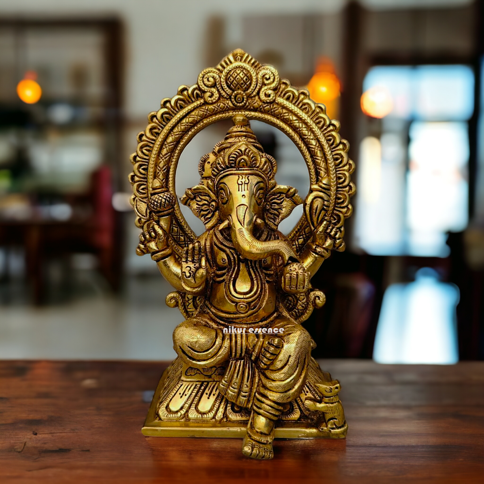 Ganpati Vinayaka Sitting on Singhasan Brass idol - 6.5 inch Nikuressence