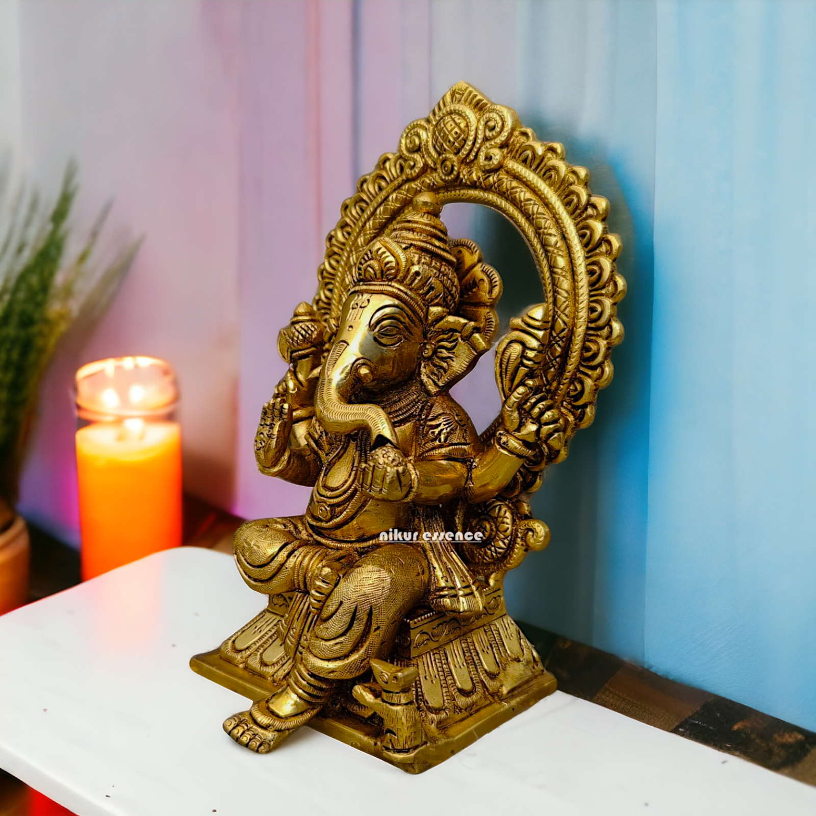 Ganpati Vinayaka Sitting on Singhasan Brass idol - 6.5 inch Nikuressence