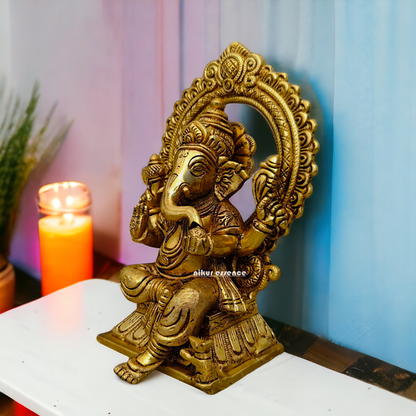 Ganpati Vinayaka Sitting on Singhasan Brass idol - 6.5 inch Nikuressence