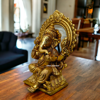 Ganpati Vinayaka Sitting on Singhasan Brass idol - 6.5 inch Nikuressence