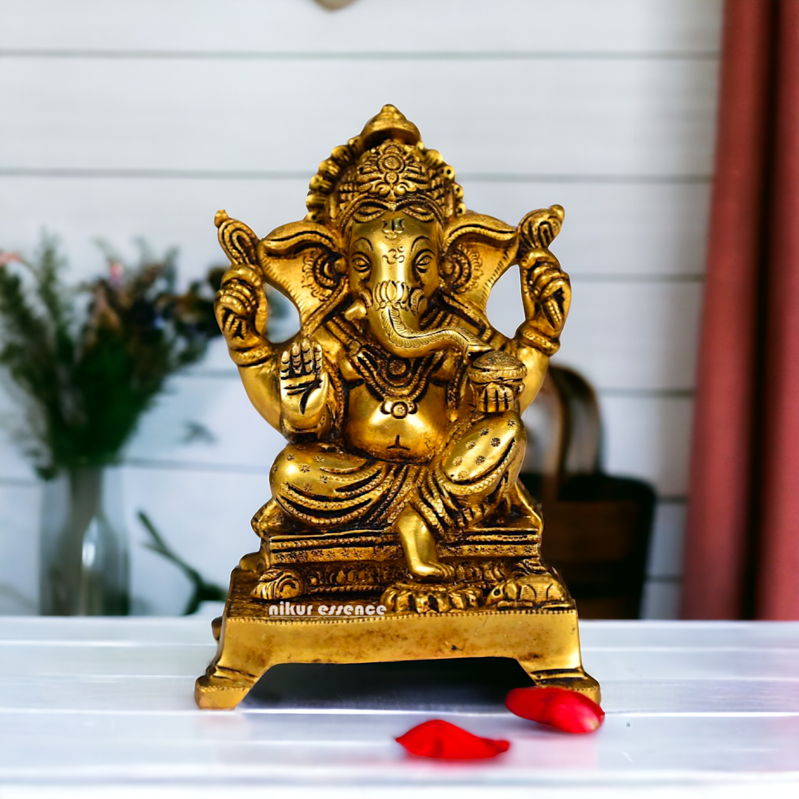 Antique brass Ganesha Sitting statue - 5.5 inch Nikuressence