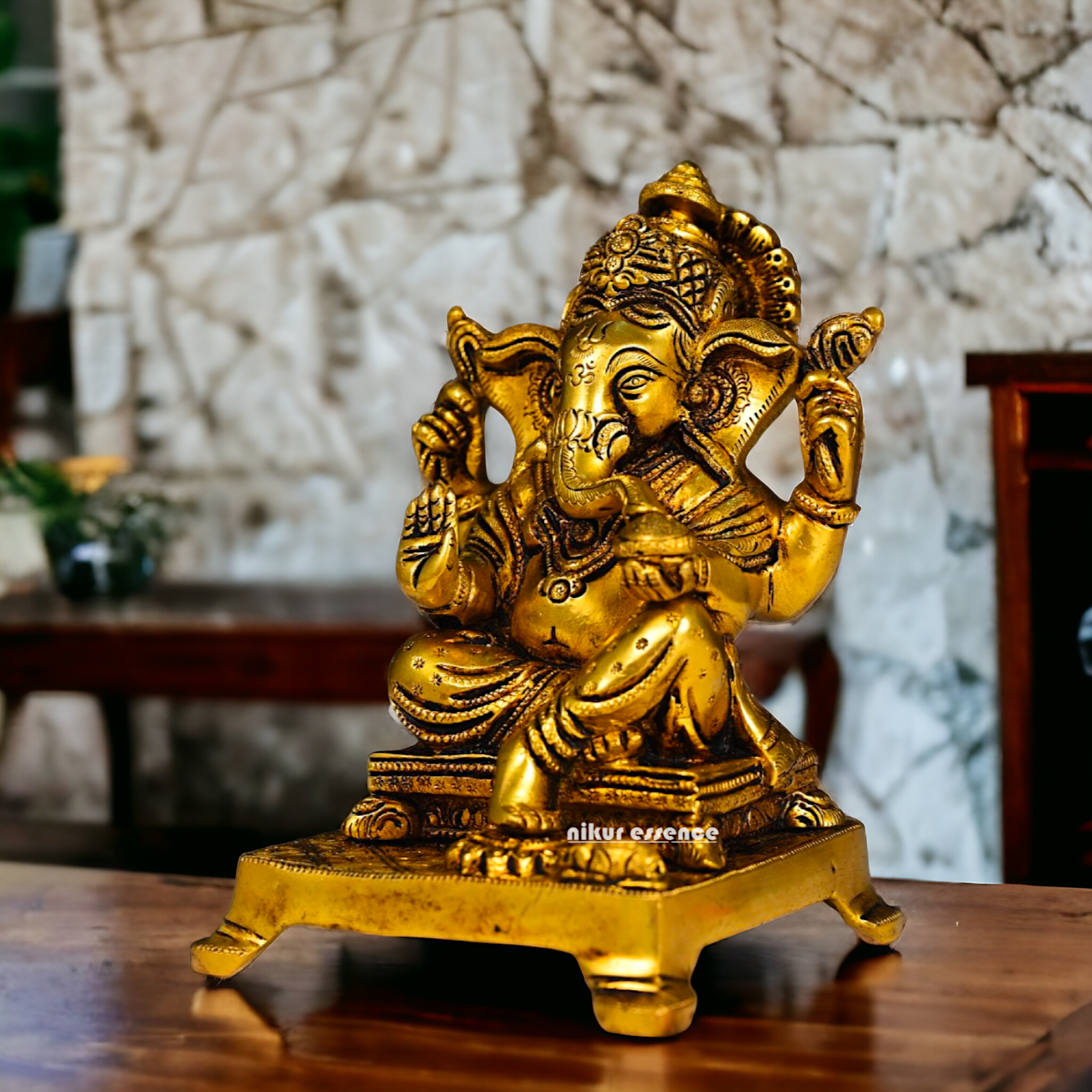 Antique brass Ganesha Sitting statue - 5.5 inch Nikuressence