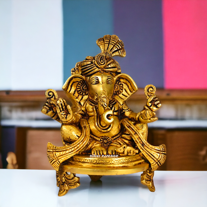 Superfine Brass Ganesha Sitting idol - 7.8 inch Nikuressence