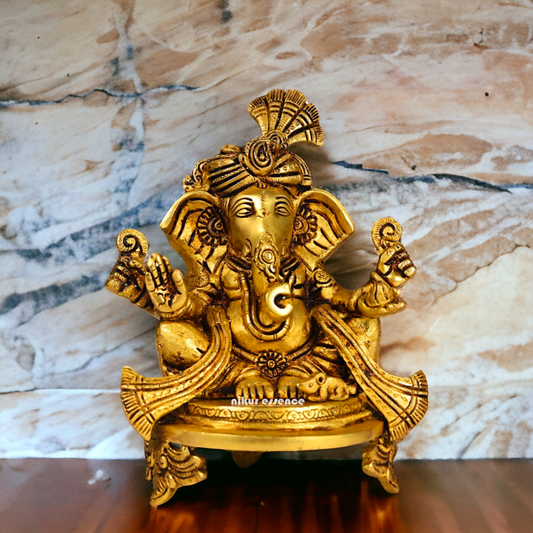 Superfine Brass Ganesha Sitting idol - 7.8 inch Nikuressence