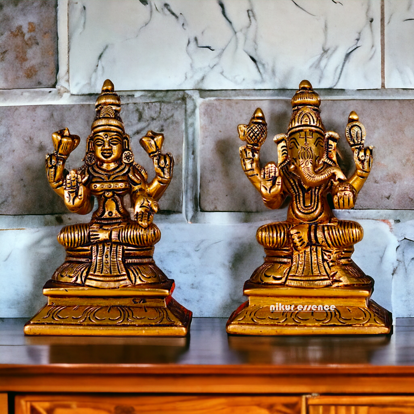 Lakshmi Ganesha Sitting Antique Brass - 4.5 inch Nikuressence