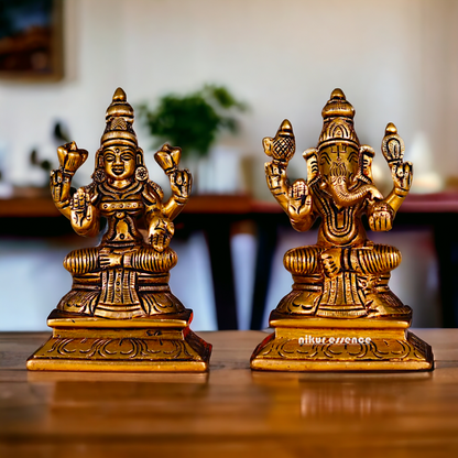 Lakshmi Ganesha Sitting Antique Brass - 4.5 inch Nikuressence