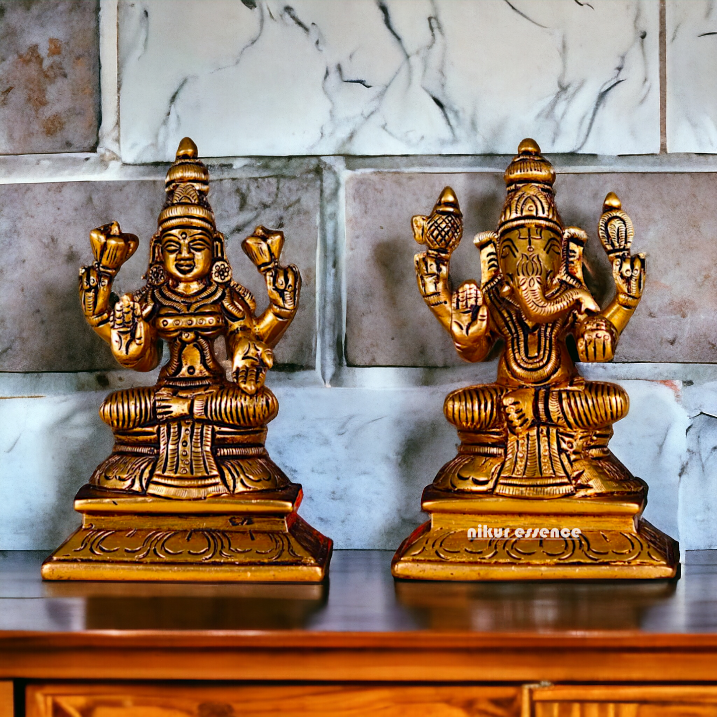 Lakshmi Ganesha Sitting Antique Brass - 4.5 inch Nikuressence