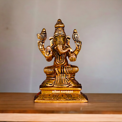 Antique Brass Ganesha Sitting statue - 4.5 inches Nikuressence