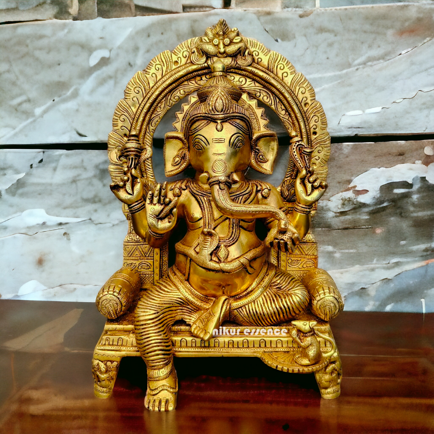 Big Ganesha Ganpati Sitting on Singhasan Pital Brass Idol - 17 inches Nikuressence