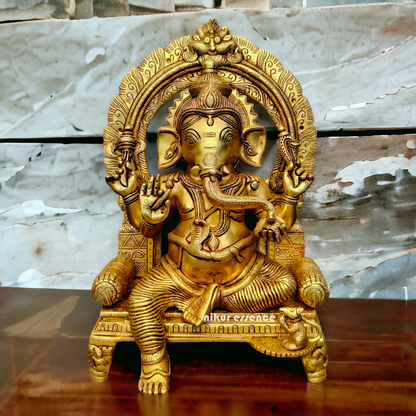 Big Ganesha Ganpati Sitting on Singhasan Pital Brass Idol - 17 inches Nikuressence