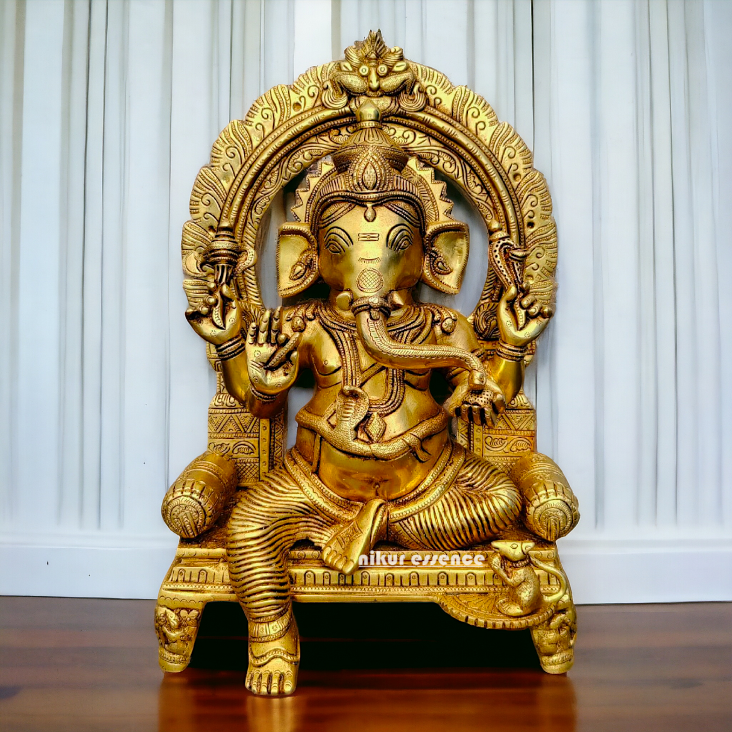 Big Ganesha Ganpati Sitting on Singhasan Pital Brass Idol - 17 inches Nikuressence