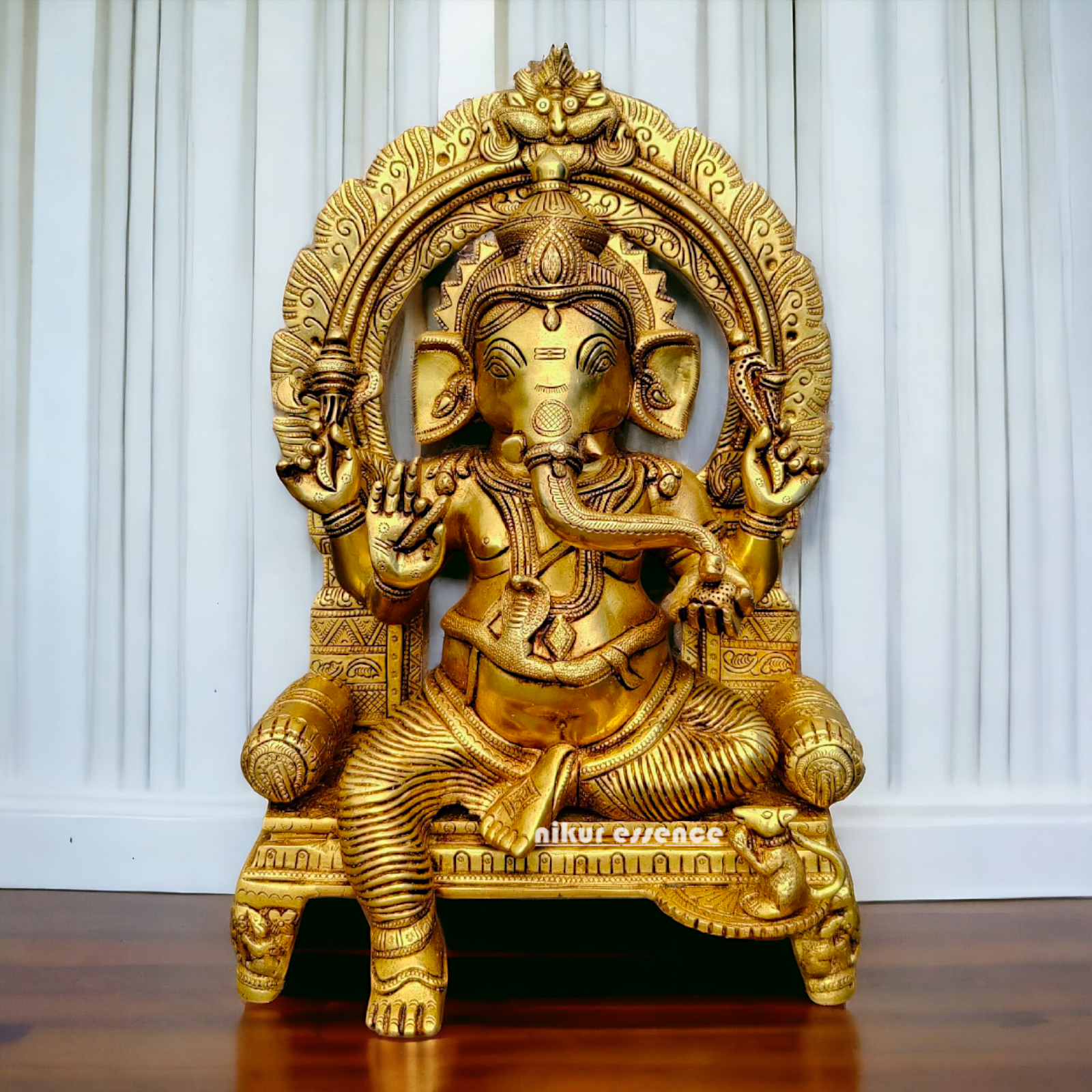 Big Ganesha Ganpati Sitting on Singhasan Pital Brass Idol - 17 inches Nikuressence
