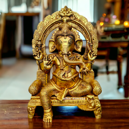 Big Ganesha Ganpati Sitting on Singhasan Pital Brass Idol - 17 inches Nikuressence