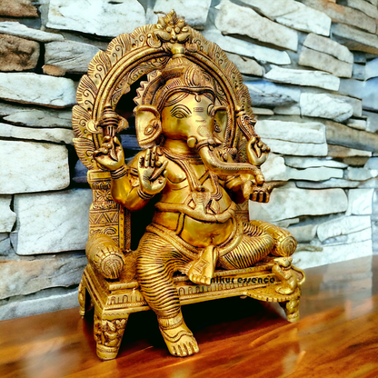 Big Ganesha Ganpati Sitting on Singhasan Pital Brass Idol - 17 inches Nikuressence