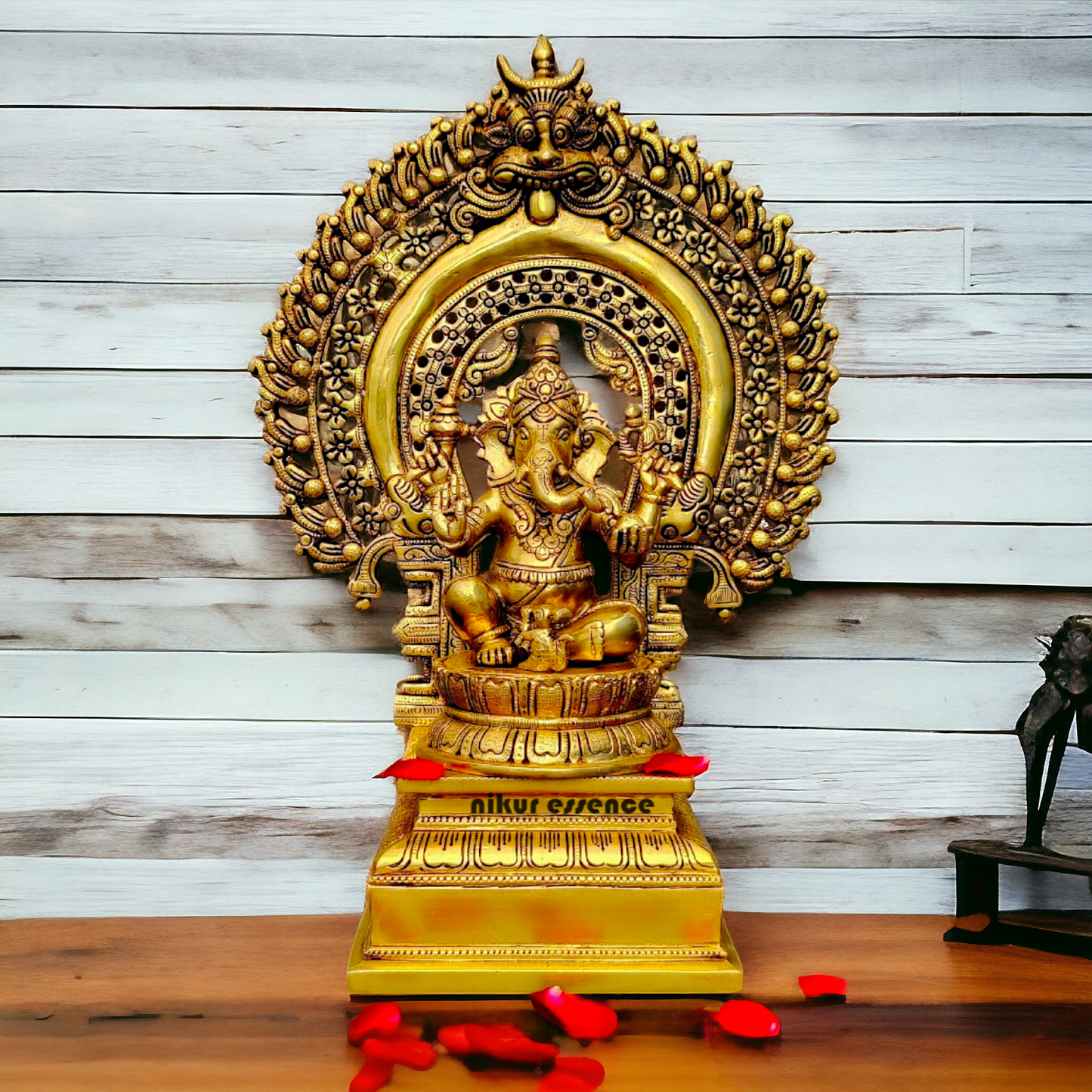 Pital Ganesha Seated on Singhasan Brass idol - 19 inches Nikuressence