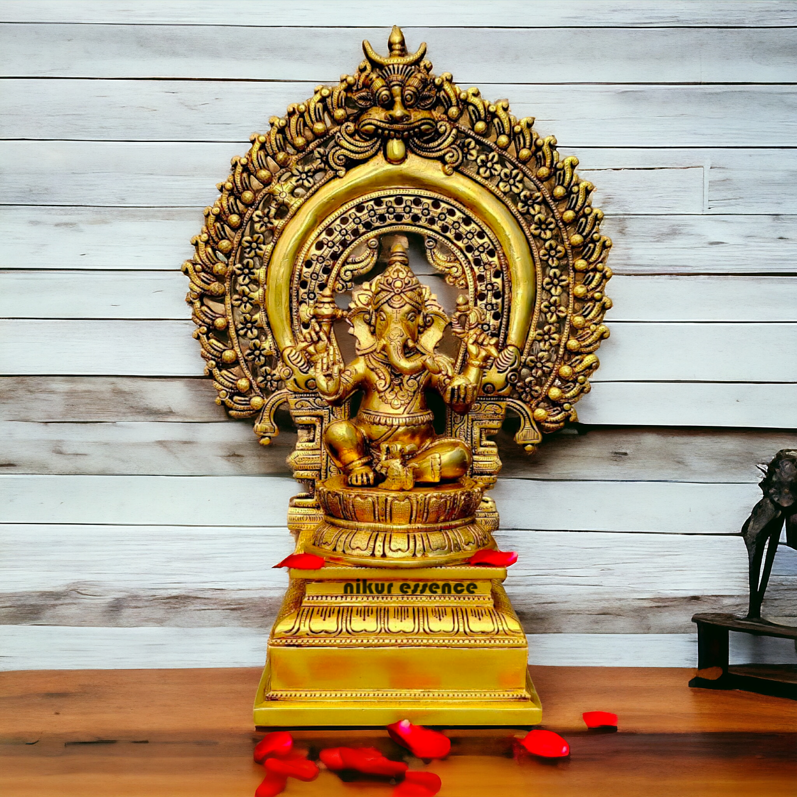 Pital Ganesha Seated on Singhasan Brass idol - 19 inches Nikuressence