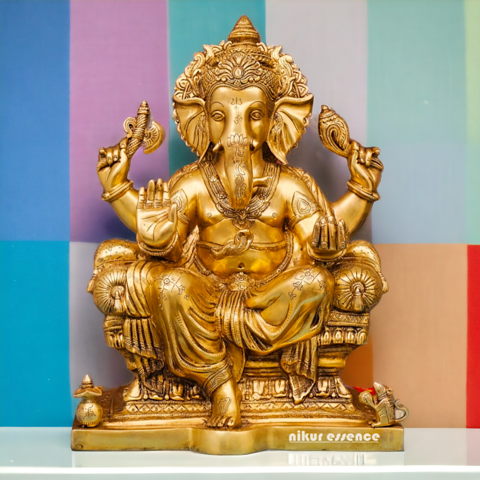 Large Ganesha Sitting on Singhasan Pital Brass idol - 18 inches Nikuressence