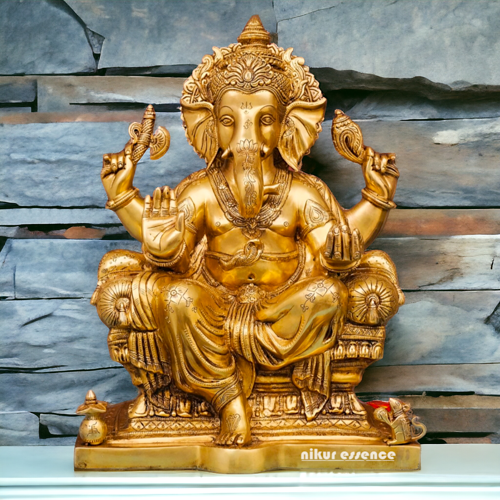 Large Ganesha Sitting on Singhasan Pital Brass idol - 18 inches Nikuressence