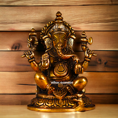 Ganesha Ganpati Seated Antique Brass statue - 8 inches Nikuressence