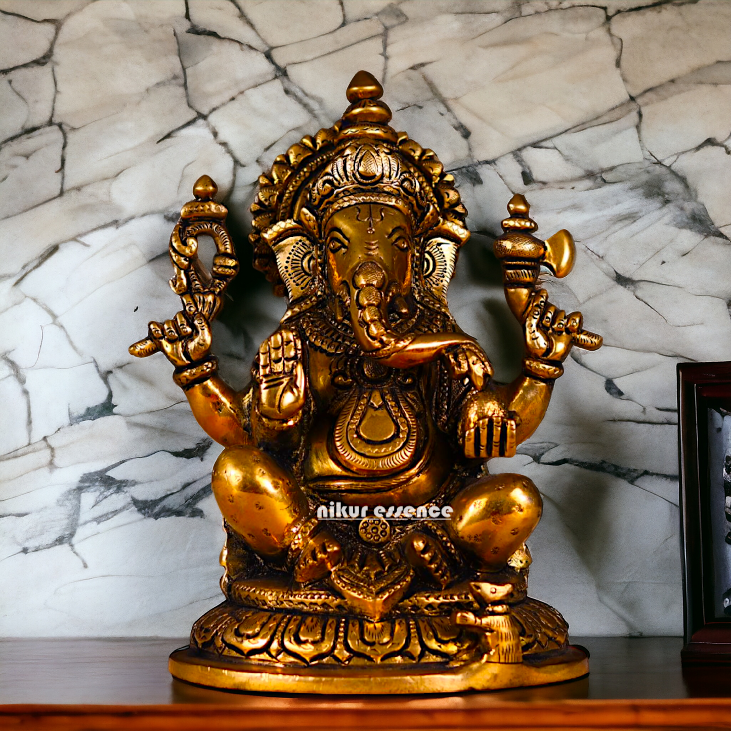 Ganesha Ganpati Seated Antique Brass statue - 8 inches Nikuressence