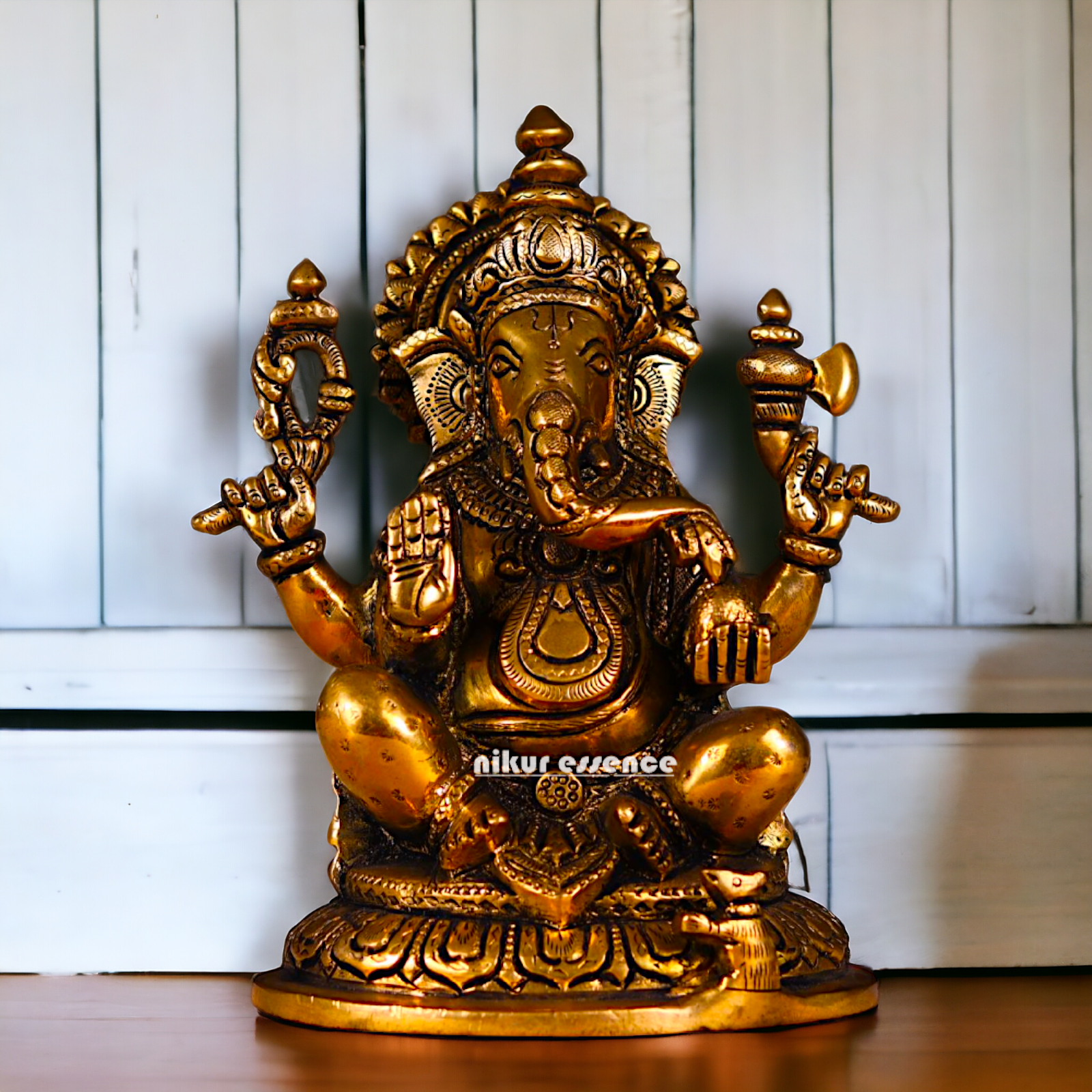 Ganesha Ganpati Seated Antique Brass statue - 8 inches Nikuressence