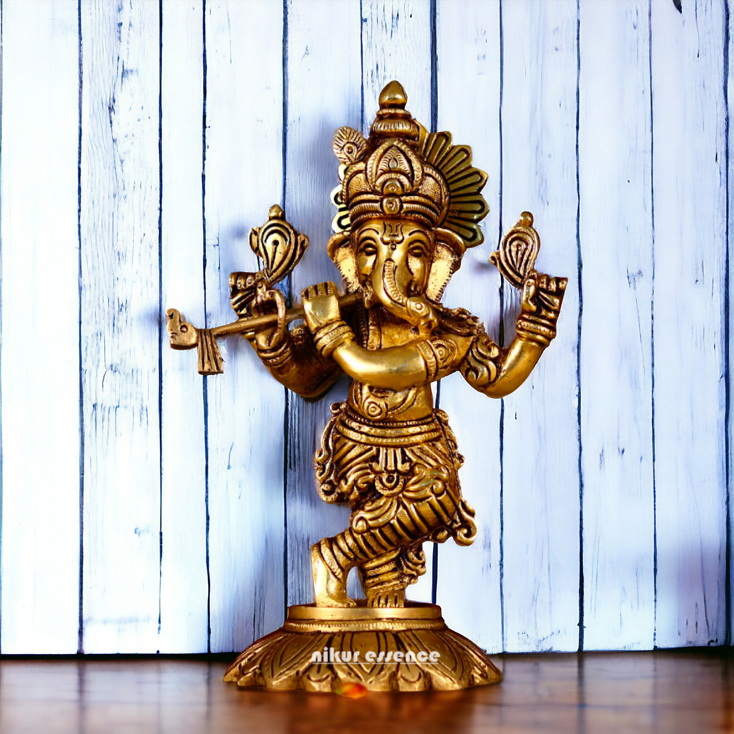 Antique Brass Ganesha Playing Flute statue - 8 inches Nikuressence