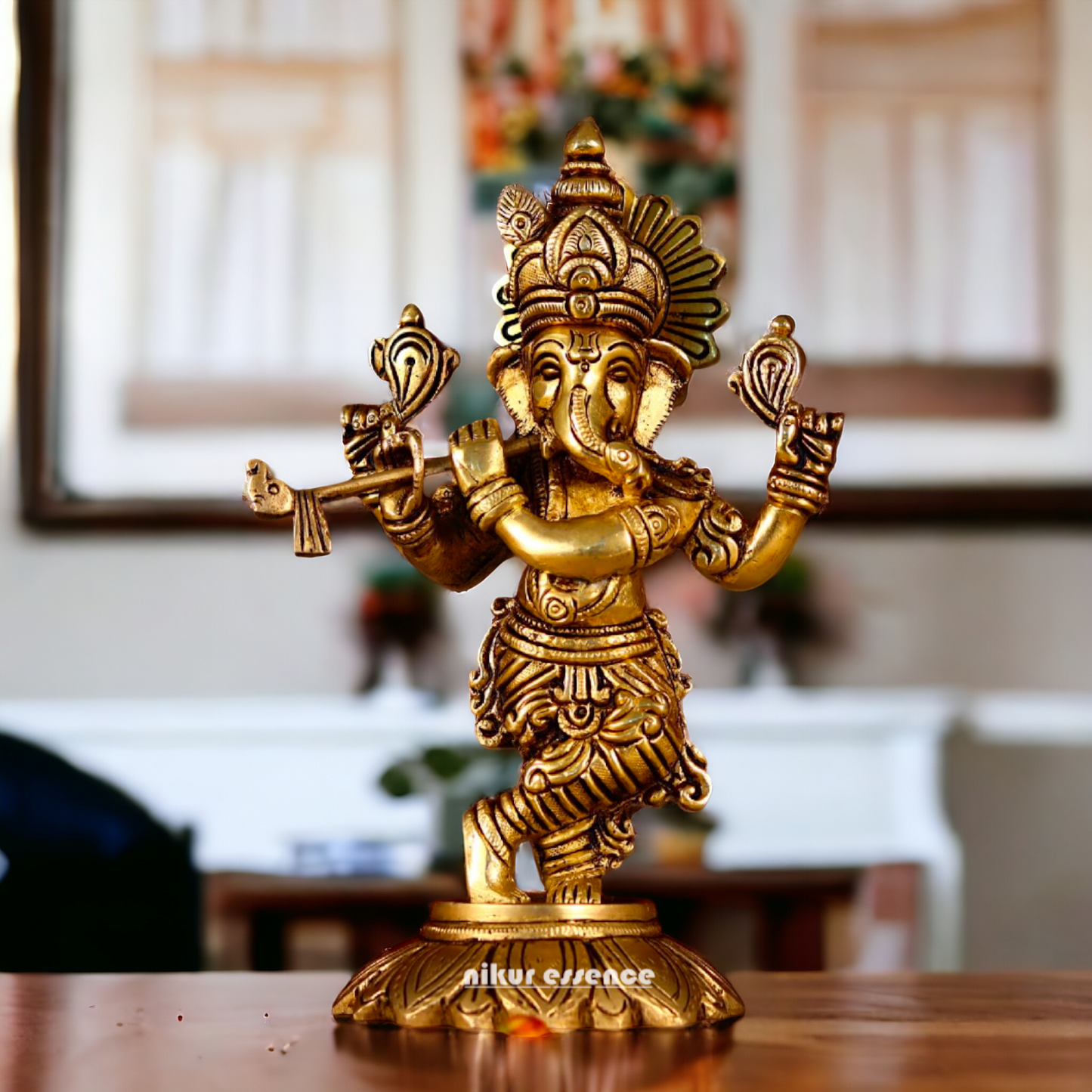 Antique Brass Ganesha Playing Flute statue - 8 inches Nikuressence
