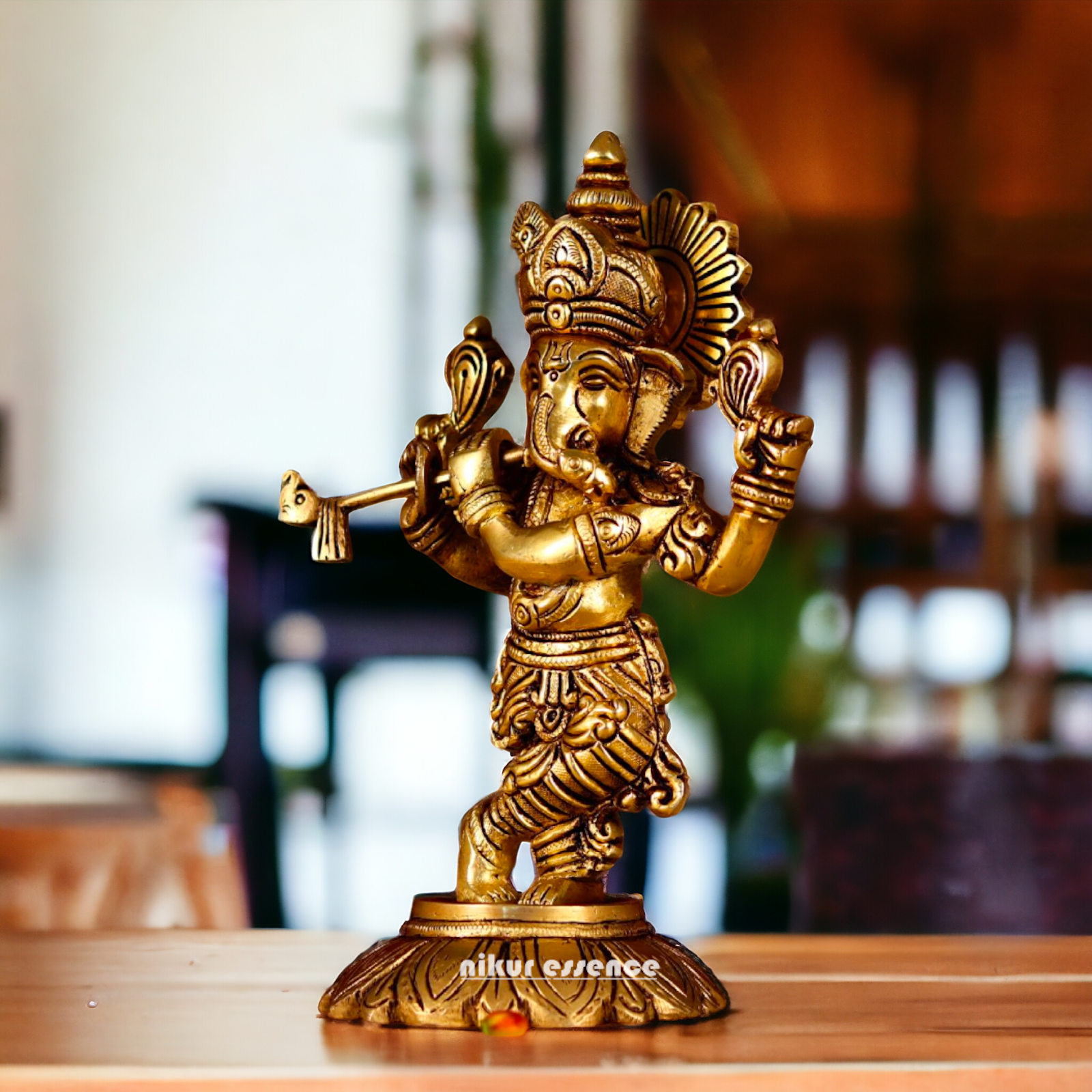 Antique Brass Ganesha Playing Flute statue - 8 inches Nikuressence