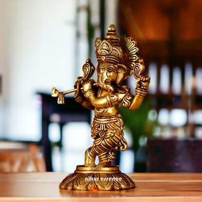 Antique Brass Ganesha Playing Flute statue - 8 inches Nikuressence
