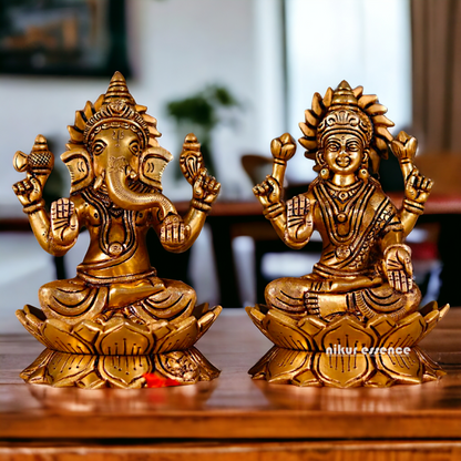 Ganesha Lakshmi Seated on Lotus Brass statue - 7 Inches Nikuressence