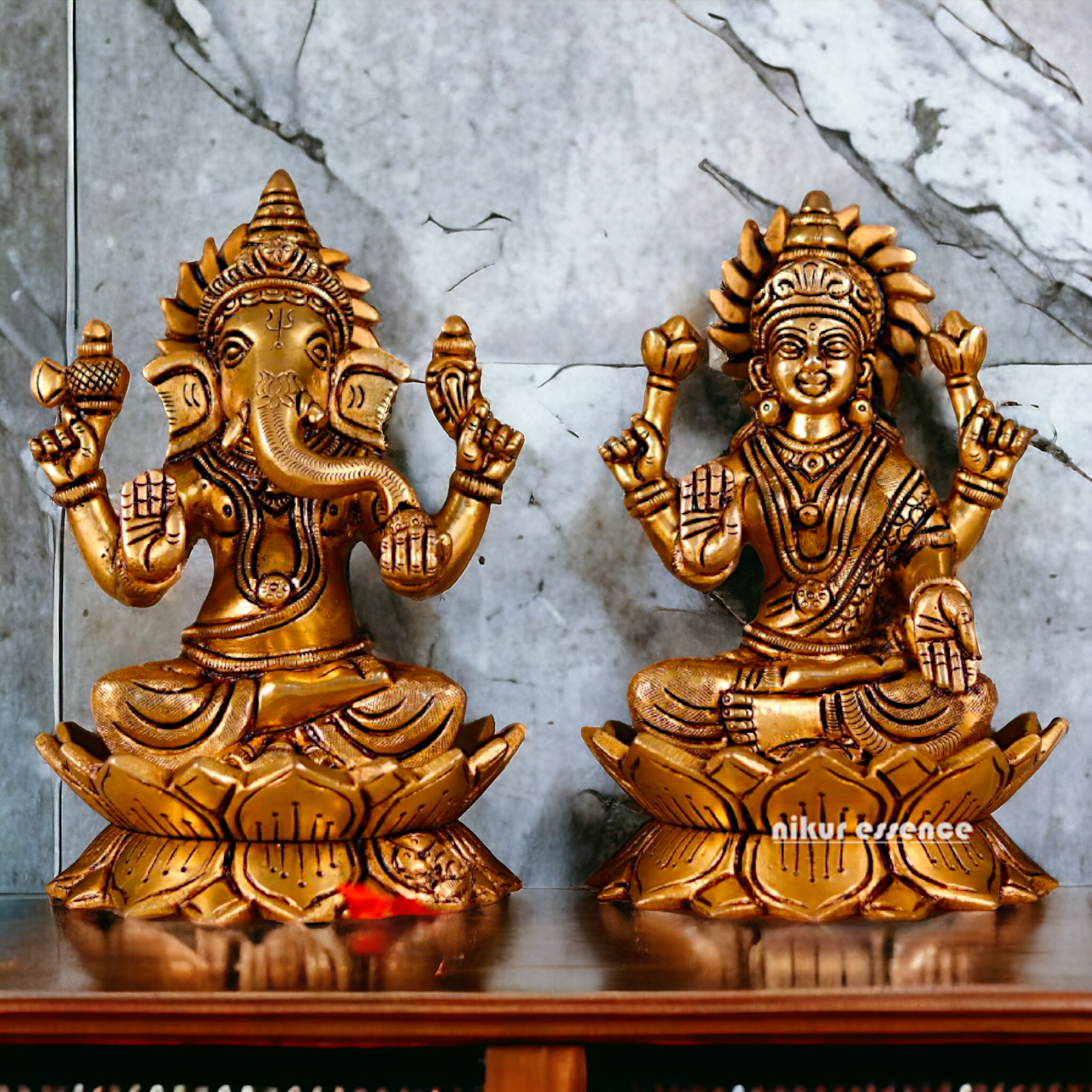 Ganesha Lakshmi Seated on Lotus Brass statue - 7 Inches Nikuressence