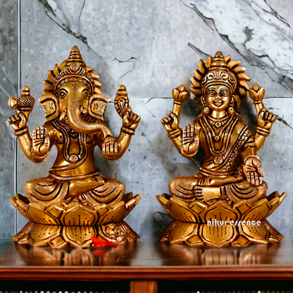 Ganesha Lakshmi Seated on Lotus Brass statue - 7 Inches Nikuressence