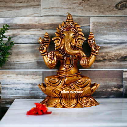 Ganesha Lakshmi Seated on Lotus Brass statue - 7 Inches Nikuressence