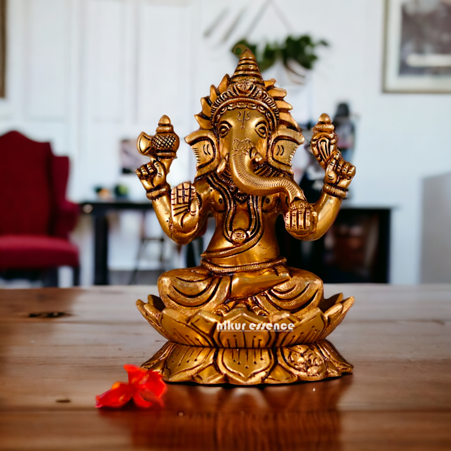 Ganesha Lakshmi Seated on Lotus Brass statue - 7 Inches Nikuressence