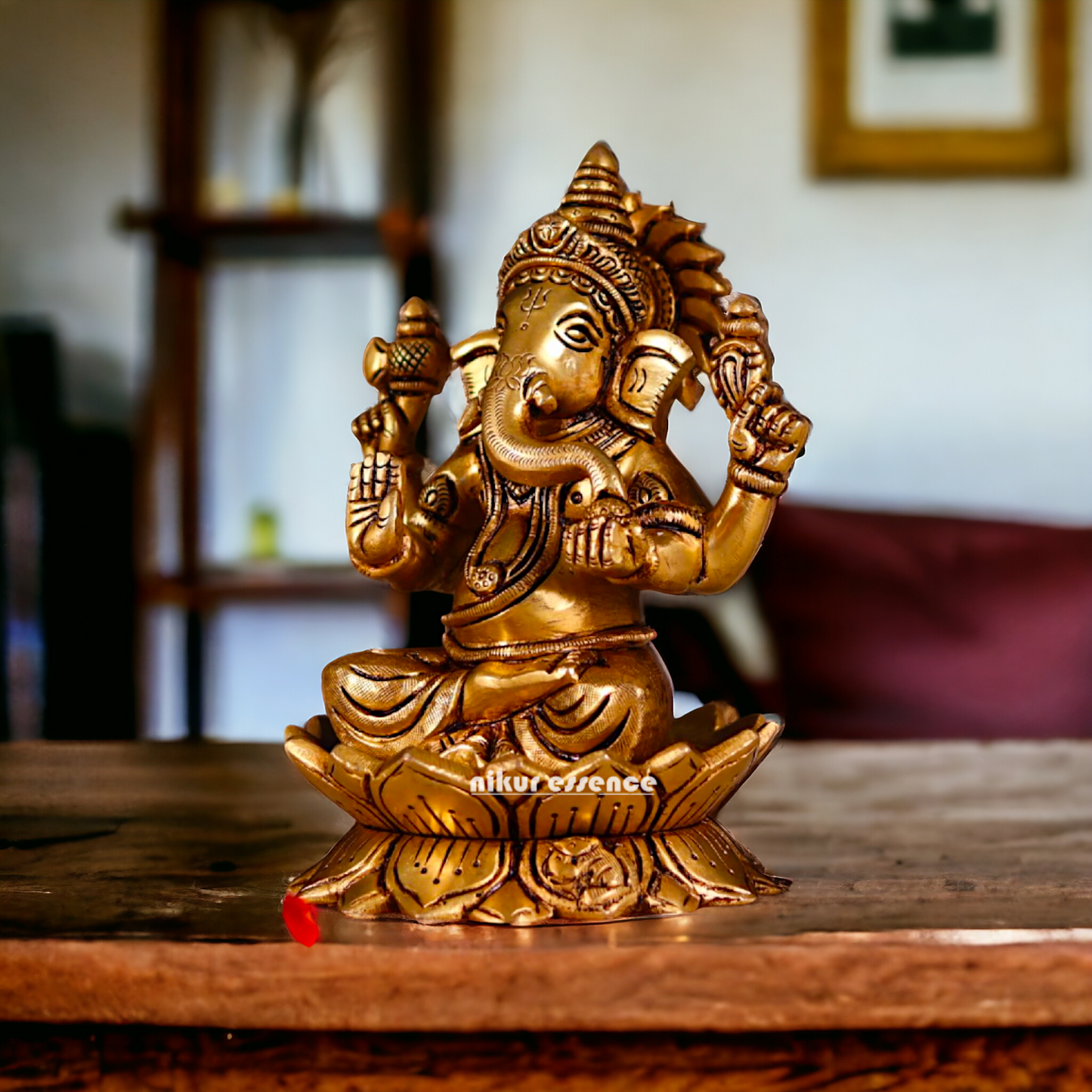 Ganesha Ganpati setting on Lotus antique Brass Idol - 7 Inches Nikuressence