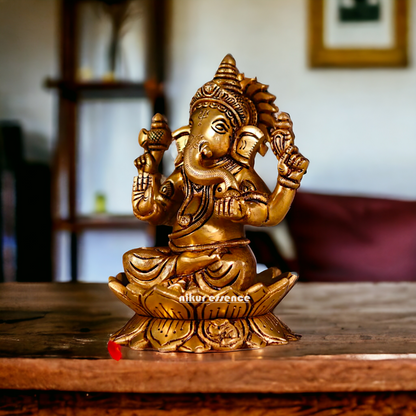 Ganesha Ganpati setting on Lotus antique Brass Idol - 7 Inches Nikuressence