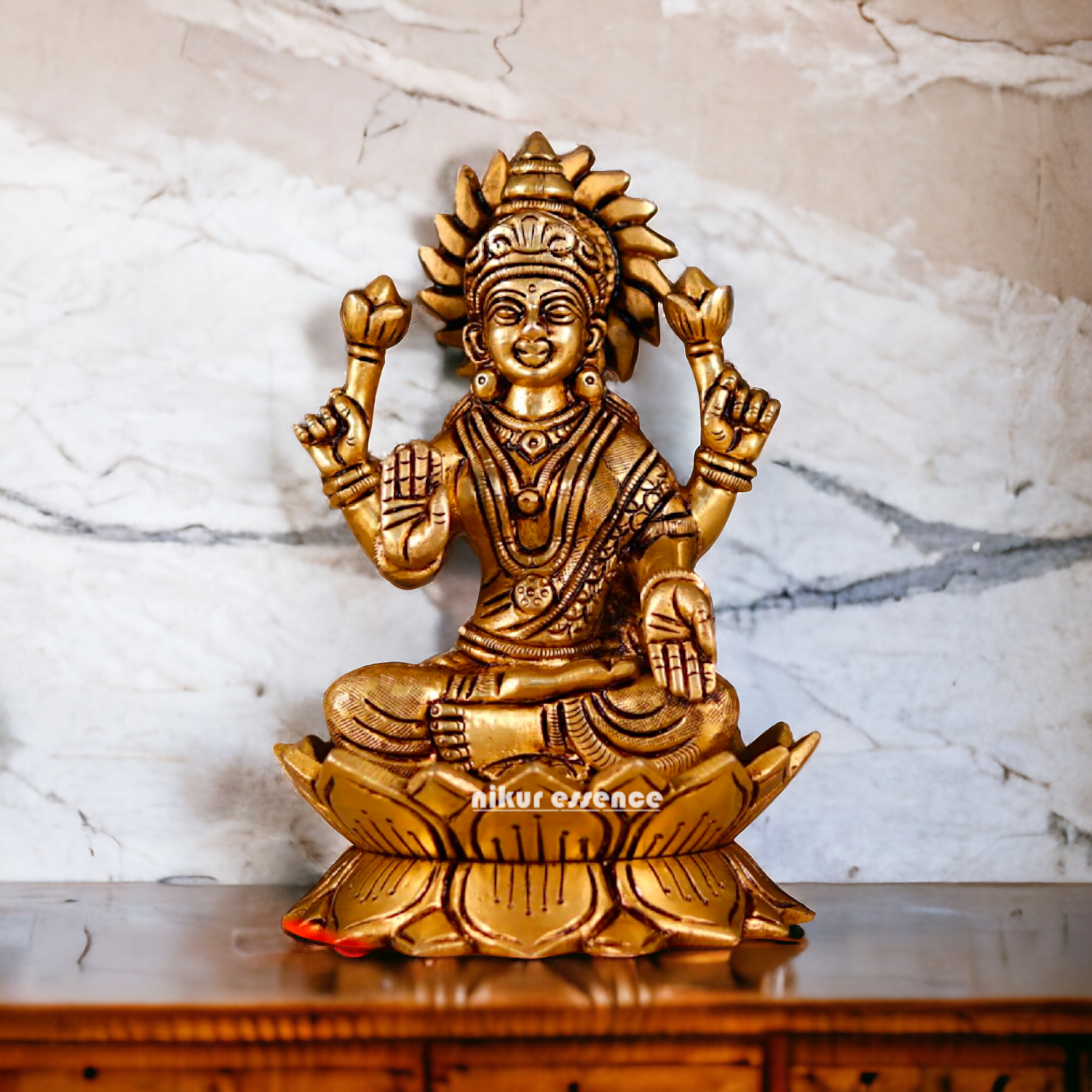 Ganesha Lakshmi Seated on Lotus Brass statue - 7 Inches Nikuressence