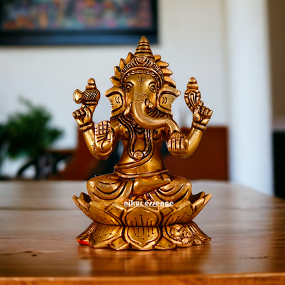 Ganesha Ganpati setting on Lotus antique Brass Idol - 7 Inches Nikuressence